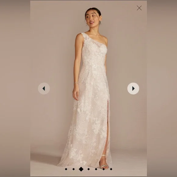 David’s Bridal- One-shoulder beaded wedding dress with overskirt - Picture 2 of 12